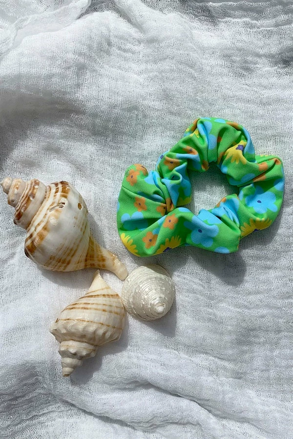 Retro Floral Scrunchie - Green 3 Retro Floral Scrunchie - Green